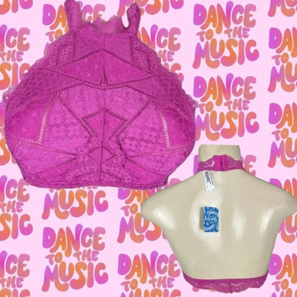 Free People XS Fucshia Pink Sheer Panels Highneck Open Back Halter Bralette - Picture 1 of 6
